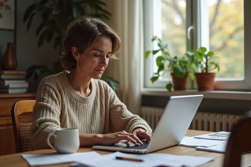 Femme française au petit déjeuner vérifiant son compte en ligne