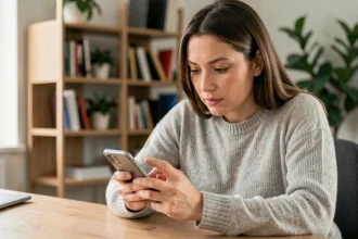 Femme gérant son budget sur l'application Société Générale Particulier sur smartphone depuis son bureau à domicile