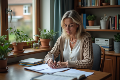 Femme d'âge moyen lisant des documents à la maison