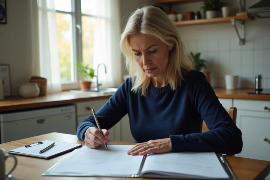Femme lisant une lettre de résiliation d'assurance Matmut à une table de cuisine avec des documents administratifs