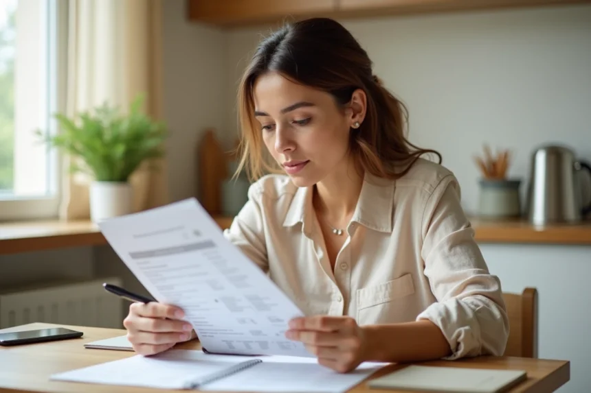 Femme consultant son livret d'épargne et des relevés bancaires à la table de sa cuisine