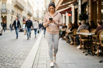 Femme marchant en ville et consultant une application de gain d'argent sur son smartphone