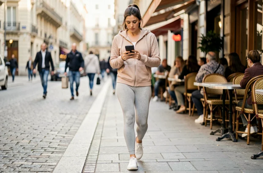 Femme marchant en ville et consultant une application de gain d'argent sur son smartphone