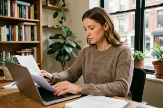 Femme consultant des documents de mutuelle internationale sur son ordinateur portable dans un bureau à domicile