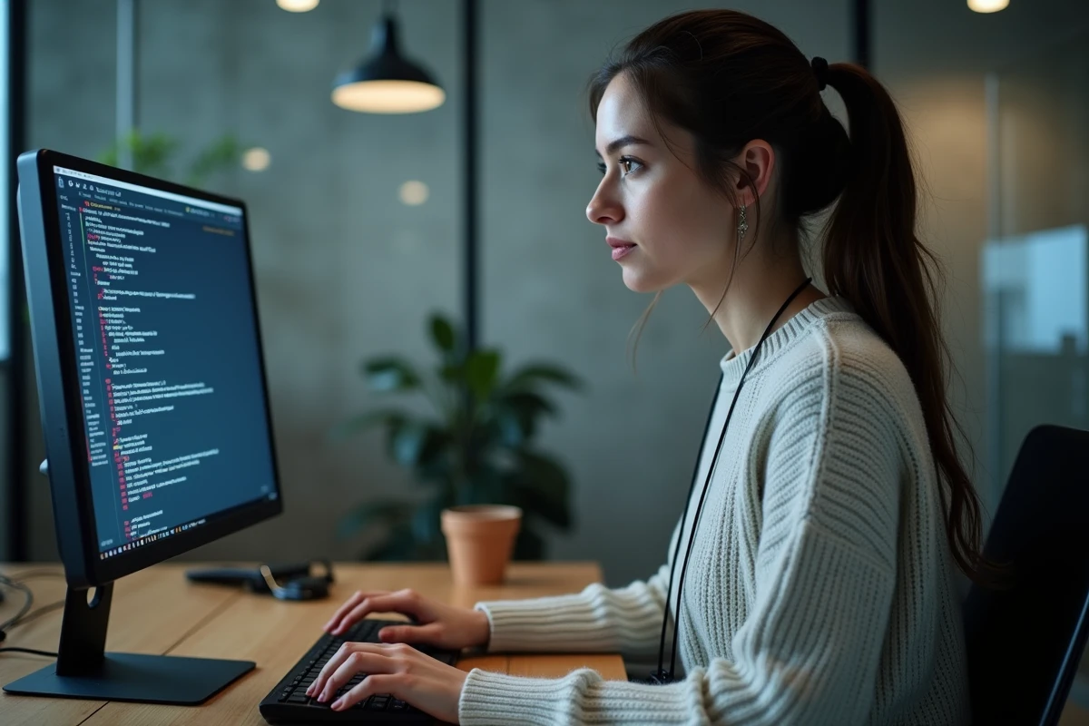 Femme tapant sur un ordinateur dans un espace de coworking