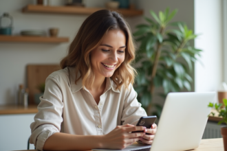 Femme souriante utilisant un ordinateur portable à la maison