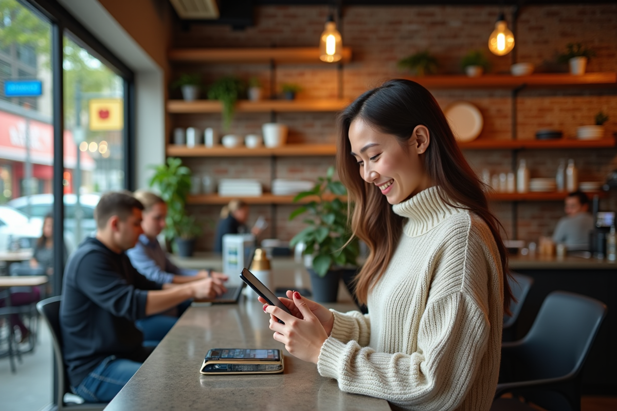 Jeune femme scannant un code QR de paiement dans un café animé