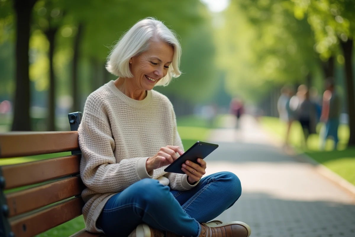 Femme détendue dans un parc avec une tablette