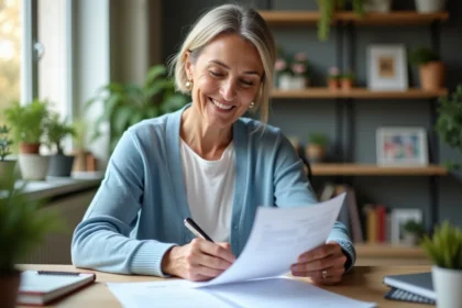 Femme française regarde sa fiche de paie à la maison