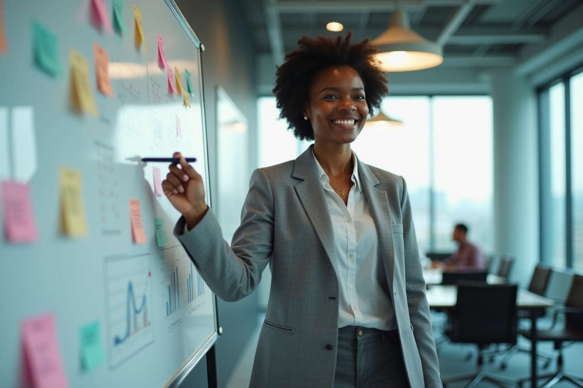 Femme africaine en présentation avec tableau blanc