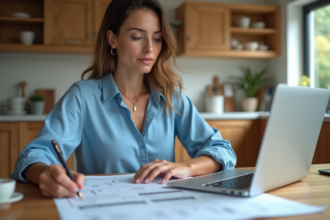 Femme en blouse bleue étudie plans de rénovation à la maison