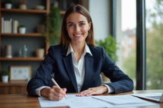 Femme professionnelle en costume bleu dans un bureau moderne