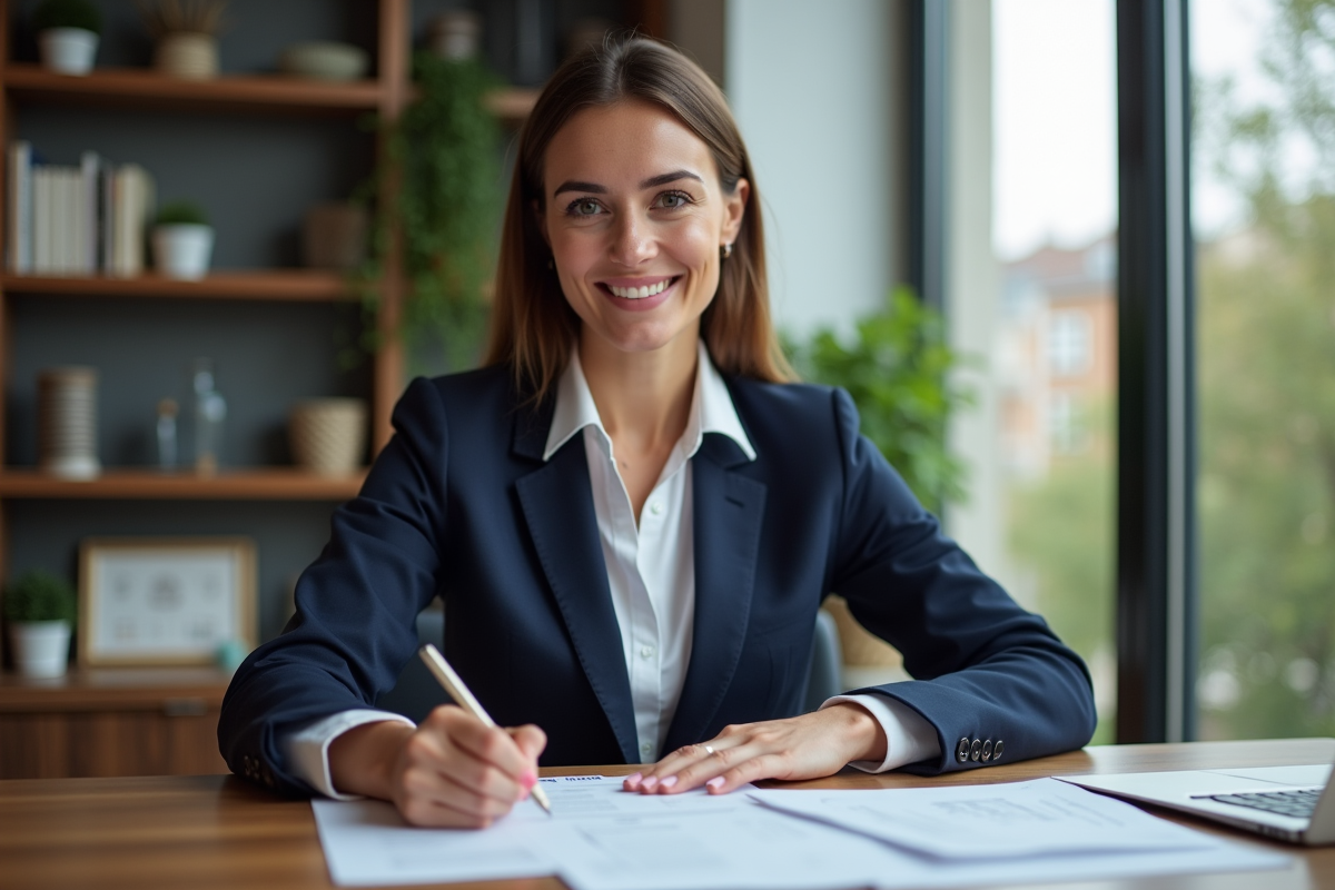 Femme professionnelle en costume bleu dans un bureau moderne