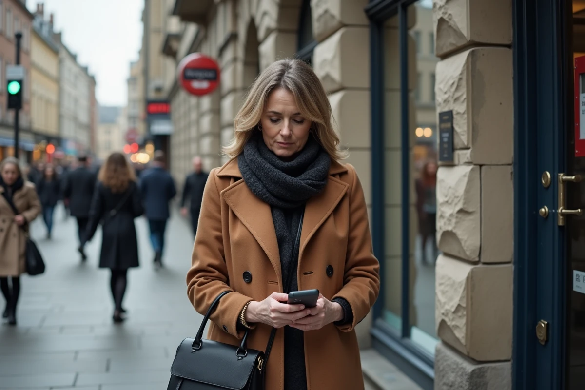Femme cherchant son téléphone dans son sac dans la rue