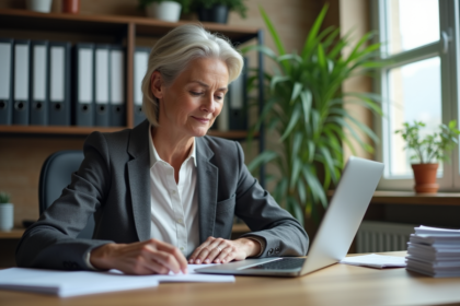 Femme mature en bureau lisant brochures retraite