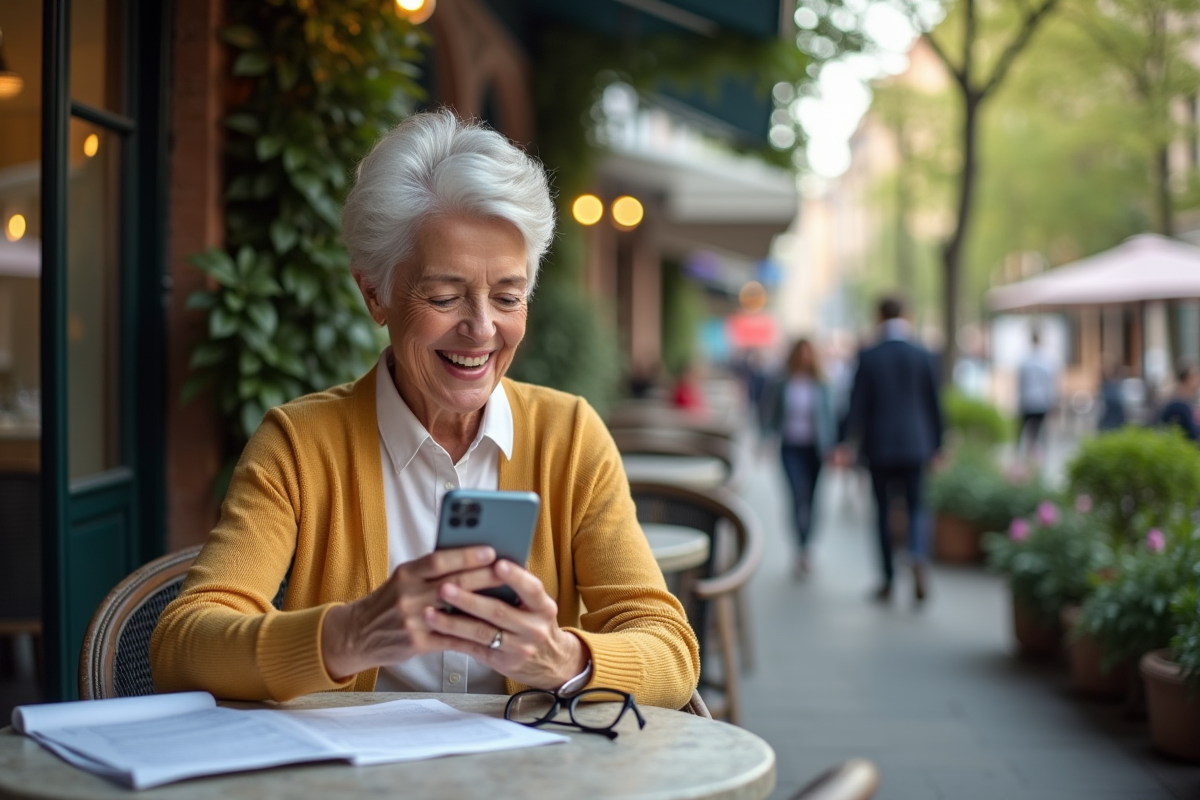 Femme retraitée souriante vérifiant une notification de dividendes au café