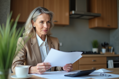 Femme d'âge moyen examine des documents de pension à la maison