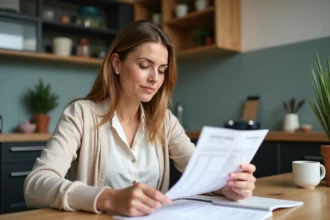 Femme en train de vérifier sa fiche de paie dans une cuisine chaleureuse
