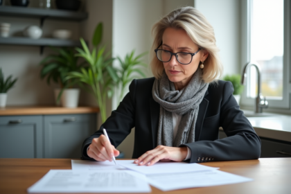 Femme d'âge moyen examinant des documents de chômage à la maison