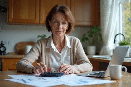 Femme d'âge moyen examine des documents de pension avec calculatrice