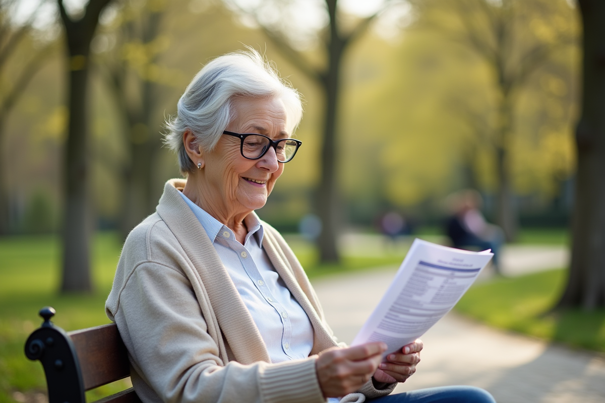 Femme âgée souriante examinant un relevé de pension dans un parc