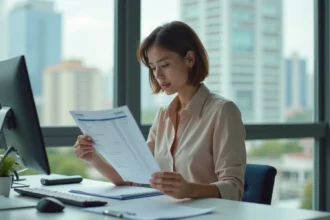 Jeune femme en bureau examine fiche de salaire