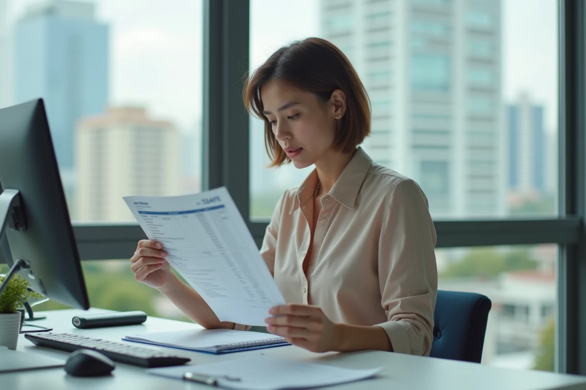 Jeune femme en bureau examine fiche de salaire
