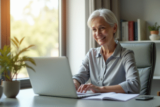 Femme senior souriante travaillant sur son ordinateur dans un bureau moderne