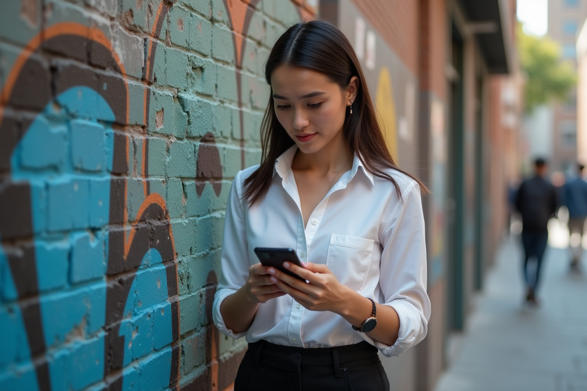 Jeune femme en ville utilisant son smartphone devant un mur graffite