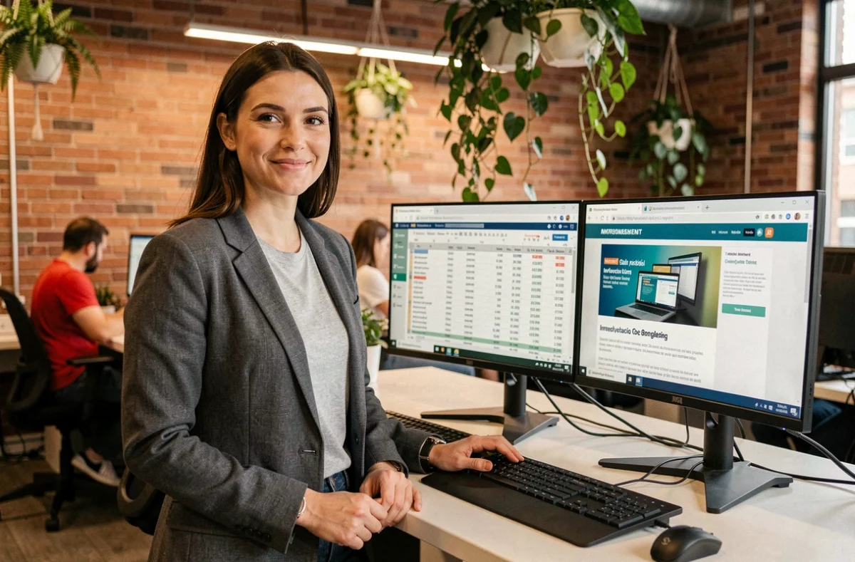 Femme en espace de coworking analysant une stratégie d'investissement boursier inspirée du système de Lester dans GTA 5