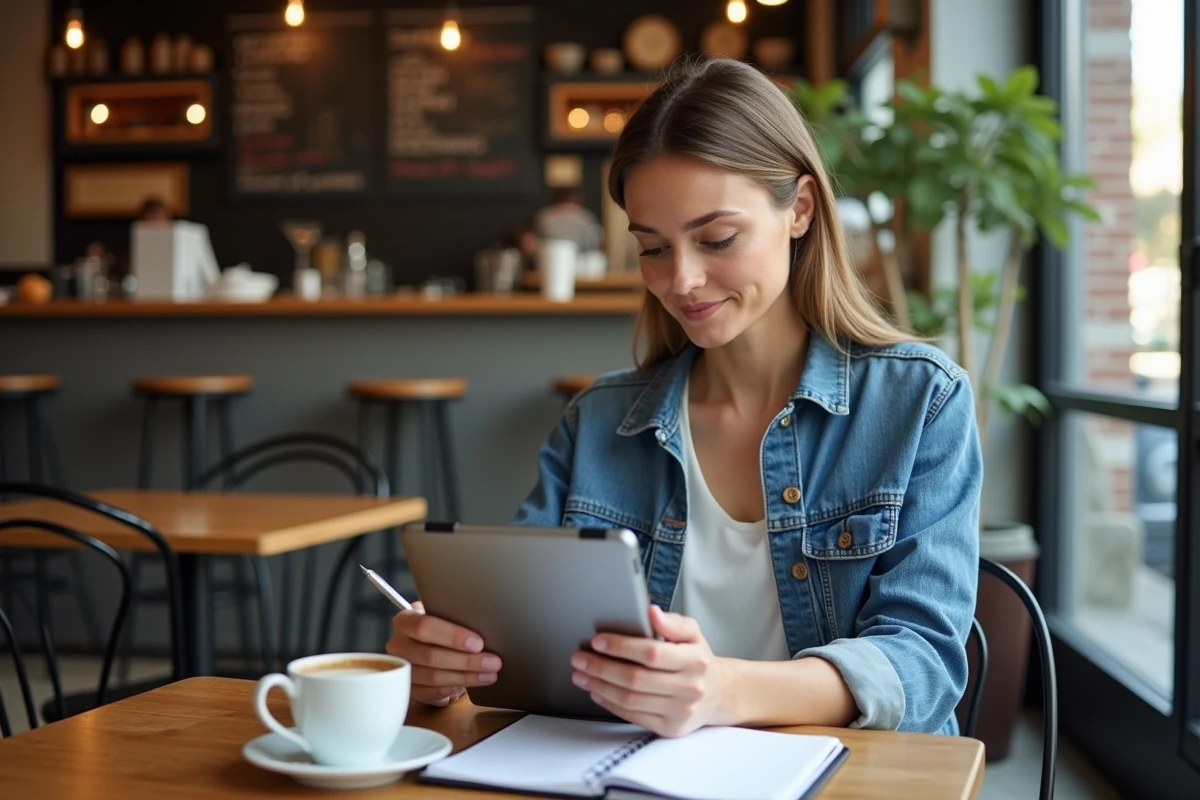 Femme organisant sa stratégie de revenus passifs avec Swagbucks dans un café en consultant un tableau de suivi sur tablette