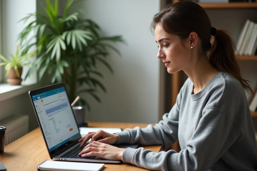 Femme utilisant Swagbucks sur son ordinateur portable depuis son bureau à domicile pour gagner de l'argent en ligne