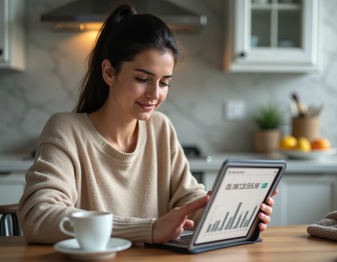 Femme utilisant une tablette pour simuler le coût d'une assurance emprunteur depuis sa cuisine, démarche autonome de comparaison