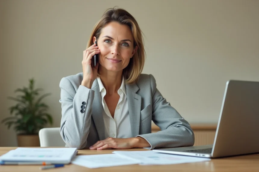 Femme en blazer gris téléphonant à son assurance ECA depuis son bureau à domicile