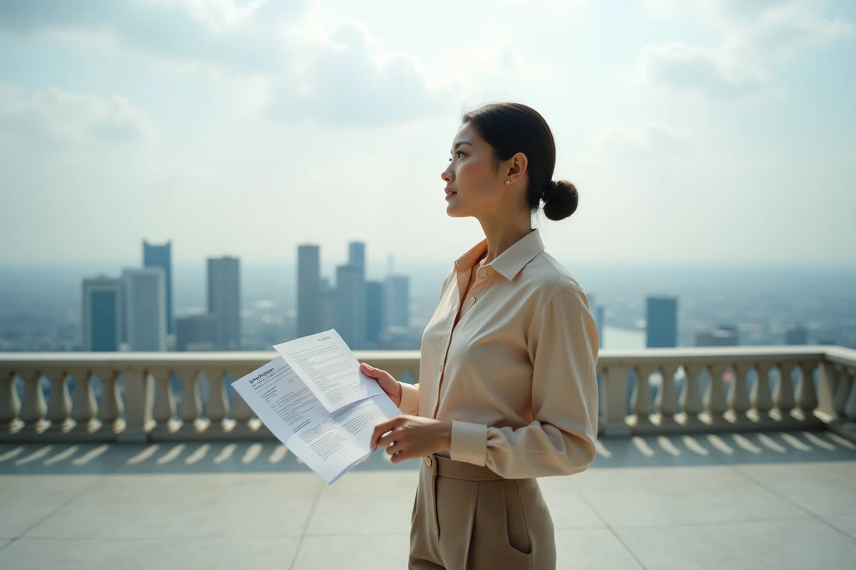 Femme debout sur terrasse avec vue sur la ville