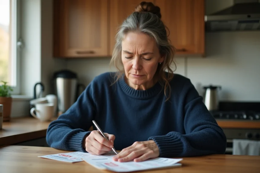 Femme remplissant un ticket EuroMillions à la table de cuisine, concentrée sur ses numéros