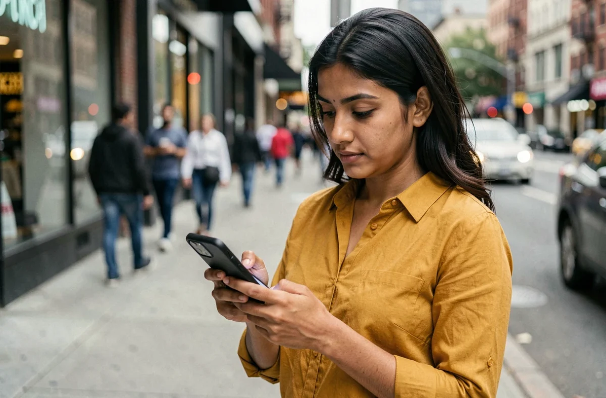 Femme effectuant un transfert d'argent international Western Union sur son téléphone en ville