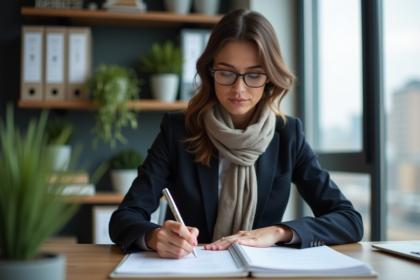 Femme en blazer remplissant des documents dans un bureau moderne
