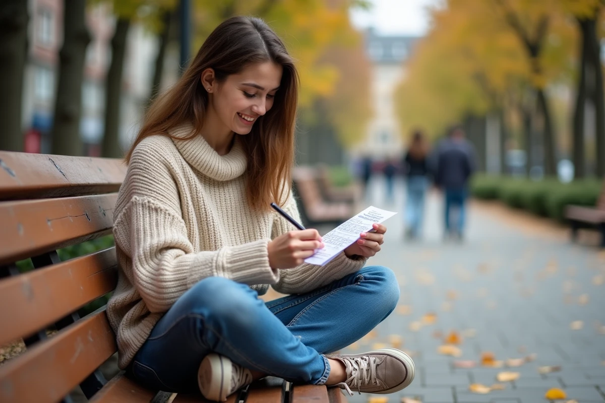 Jeune femme dans un parc vérifiant un ticket de loterie