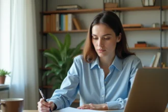 Femme consultant son relevé bancaire sur un ordinateur portable pour vérifier un virement de 200 euros