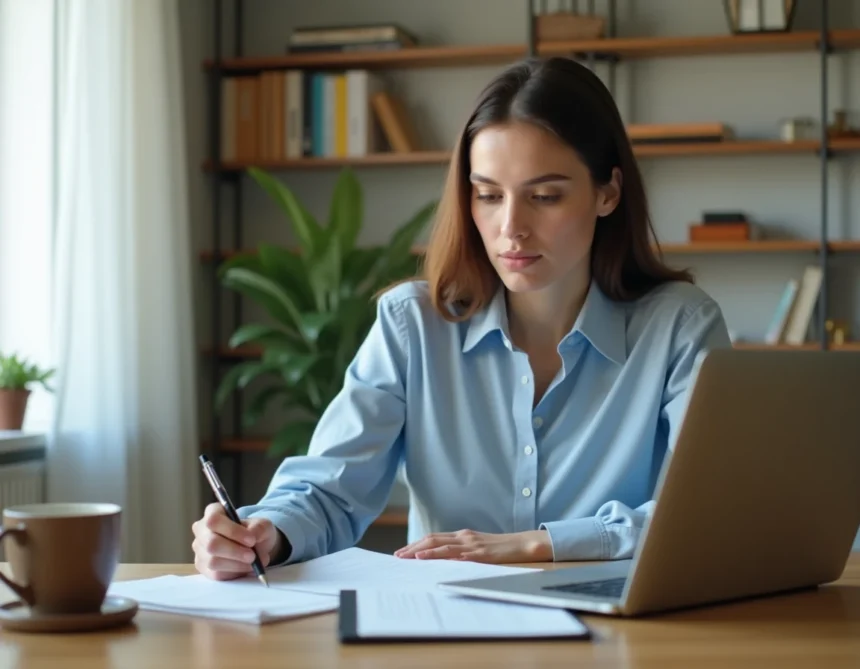 Femme consultant son relevé bancaire sur un ordinateur portable pour vérifier un virement de 200 euros