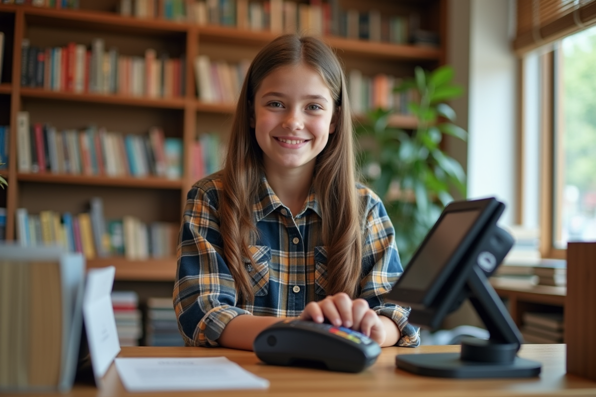 Jeune fille souriante utilisant sa carte dans une librairie chaleureuse
