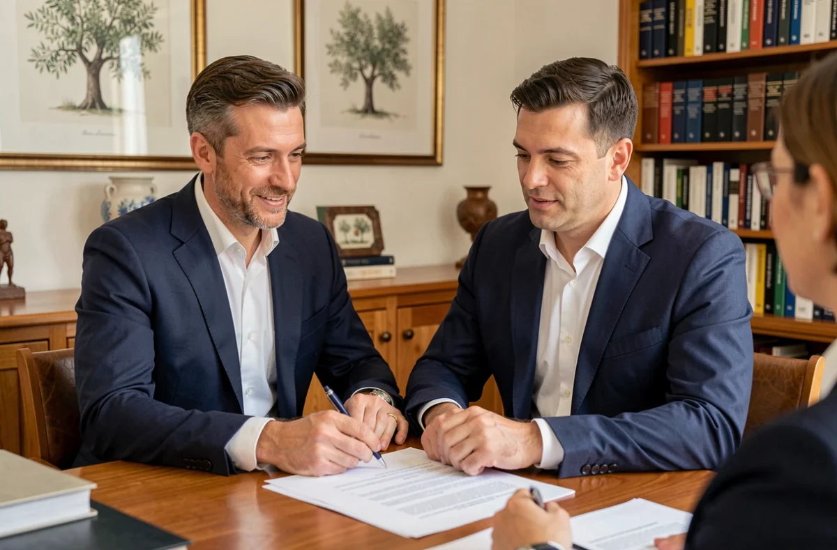 Conseiller en gestion de patrimoine de la Financière de l'Olivier à Fréjus examinant des documents patrimoniaux avec un client