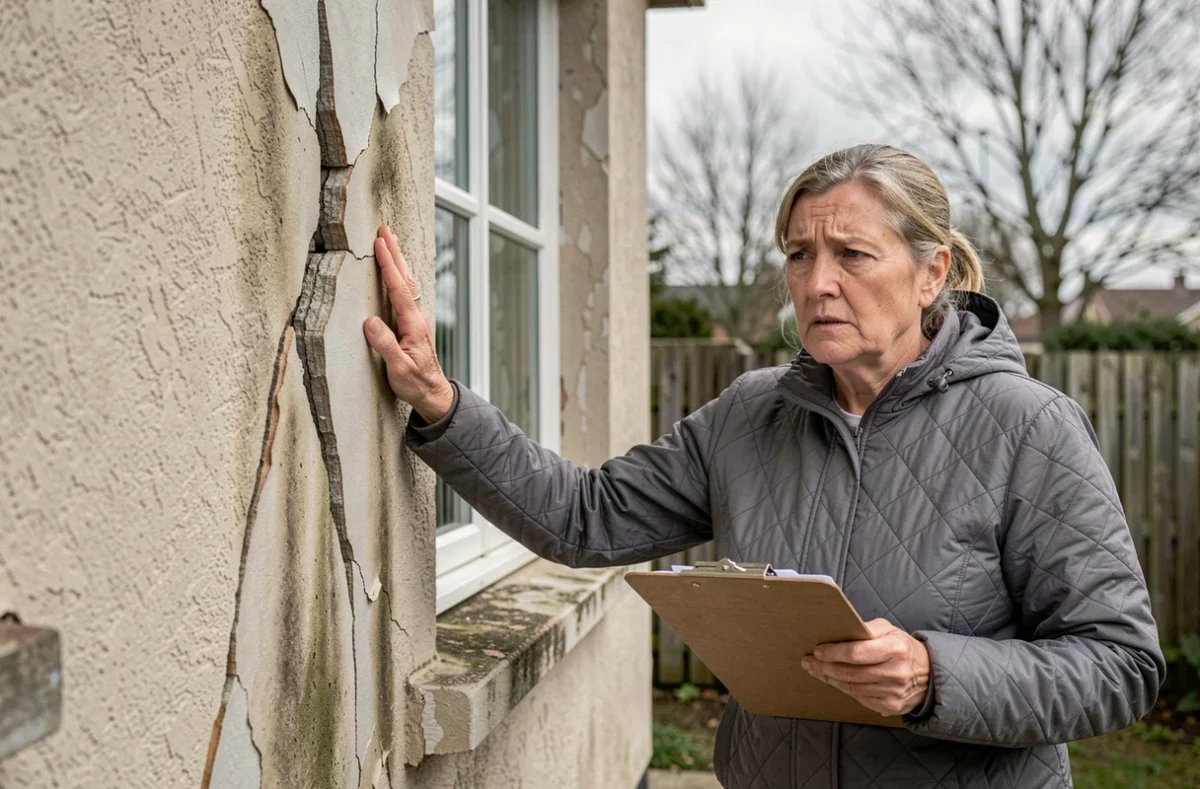 Propriétaire inspectant des fissures structurelles sur une maison dans le cadre d'un litige de garantie décennale