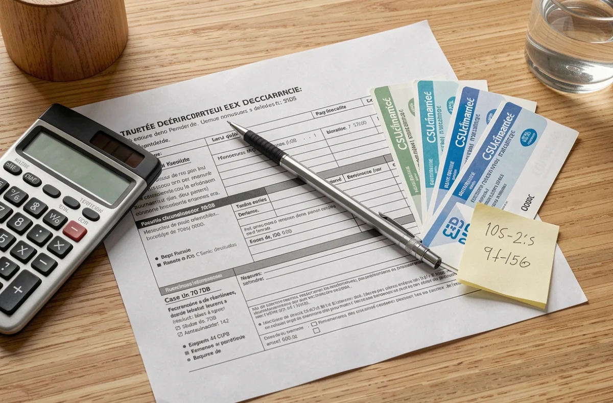 Vue de dessus d'un formulaire de déclaration d'impôts français avec la case 7DB visible, accompagné de chèques CESU préfinancés et d'une calculatrice sur un bureau en bois