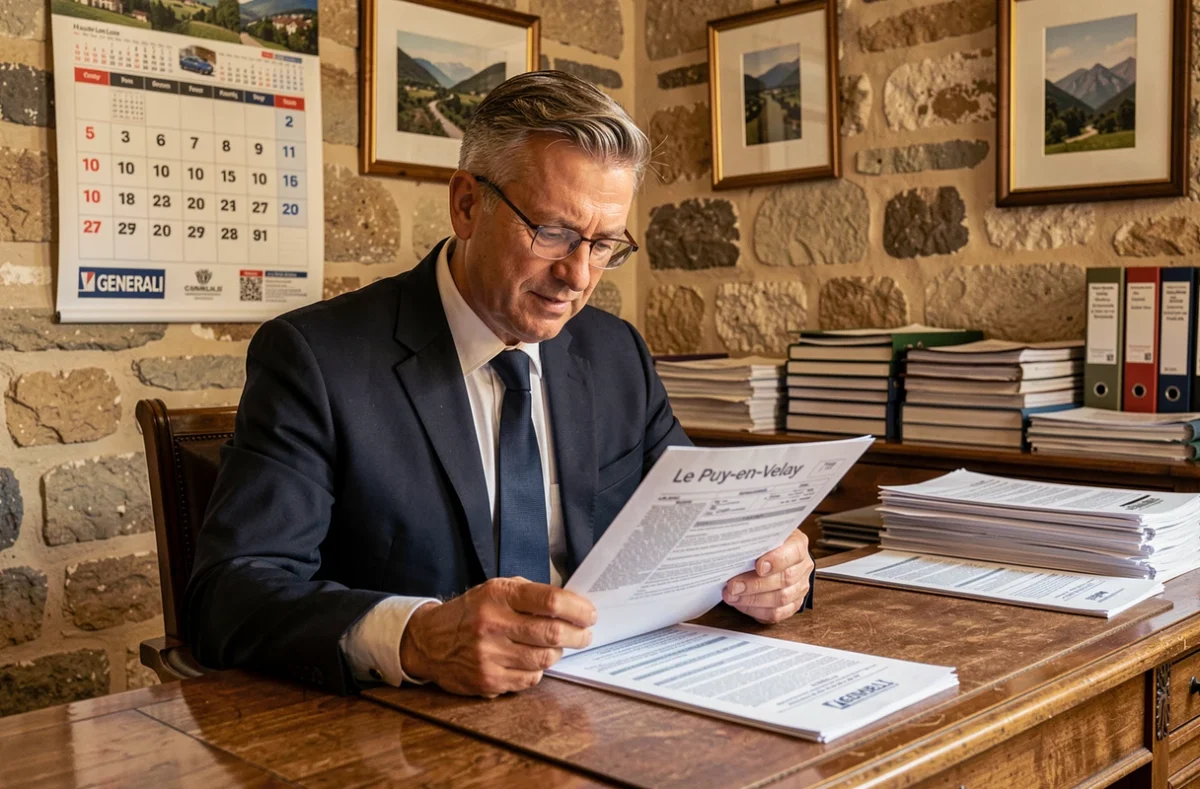 Agent de l'Agence Generali au Puy-en-Velay consultant un contrat d'assurance auto dans un bureau traditionnel en Haute-Loire