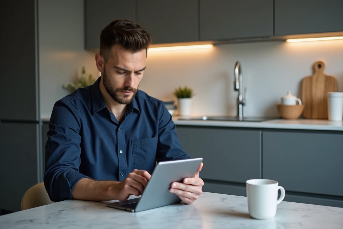 Homme consultant son espace client financier sur une tablette depuis son domicile, interface de gestion de compte visible