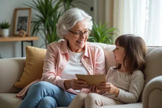 Grand-mère donne une enveloppe à sa petite fille dans un salon lumineux