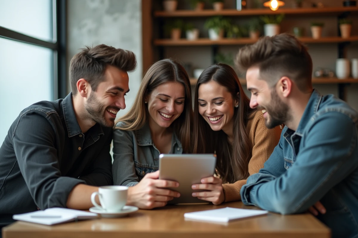 Groupe de jeunes adultes découvrant ensemble Blast Club autour d'une tablette dans un café moderne