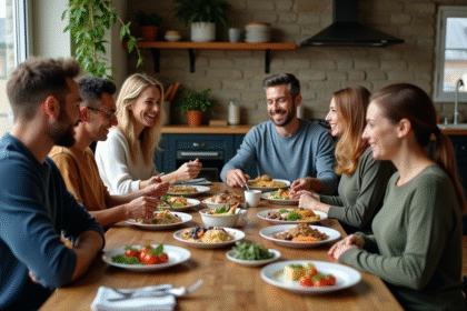 Groupe de personnes autour d'une table avec différents régimes alimentaires